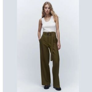 Zara NWT Belted Wool Blend Pants, S, Khaki Green